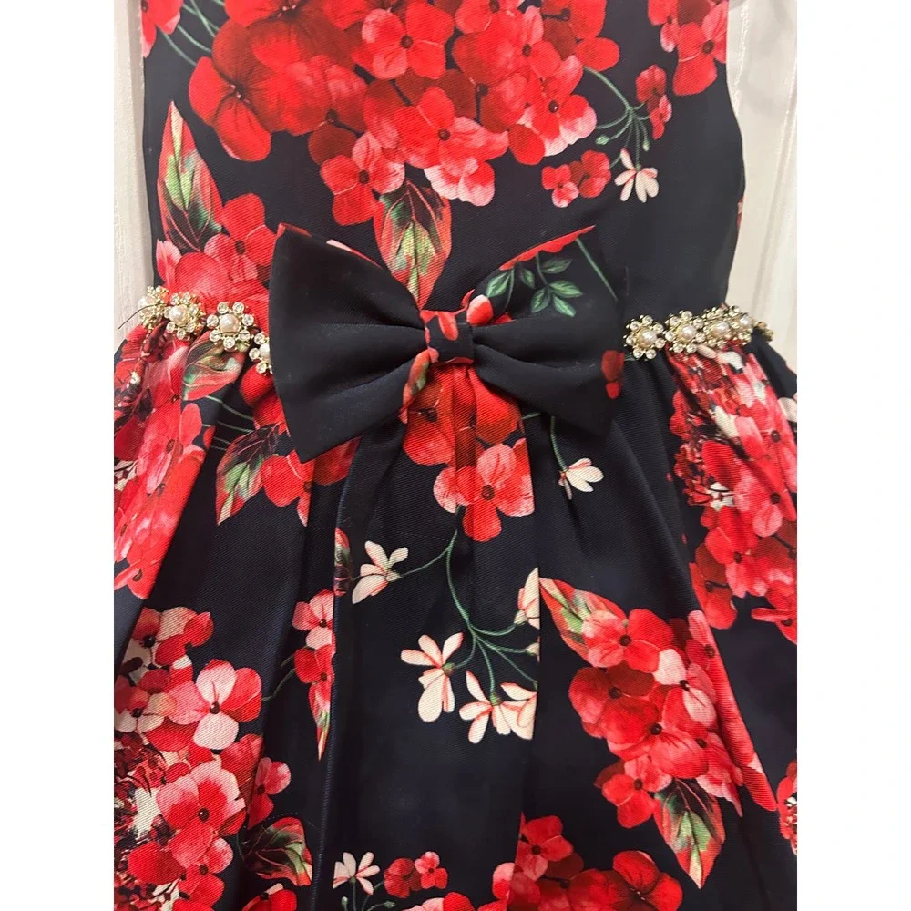 Couture Princess Party Dress Navy Red Floral Pearl Bow Tulle Hem‎ Girls Size 4